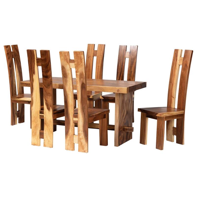 Lin Suar Wood Dining Set - Handcrafted Rectangular Solid Wood Table with Seating, Rustic Modern Kitchen or Dining Room Set - Natural Brown - 7-Piece