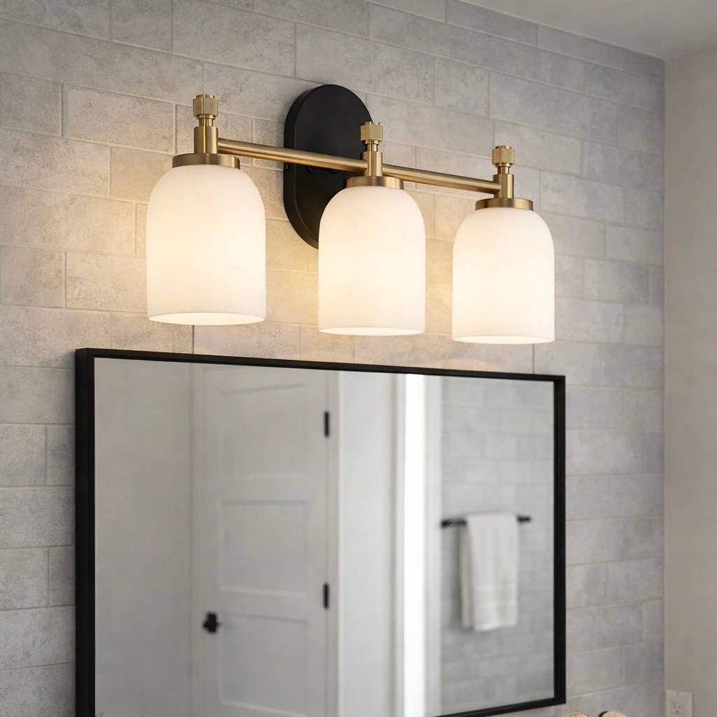 Flac Three-Light Vanity Wall Fixture in Brushed Gold with Frosted Glass Shades