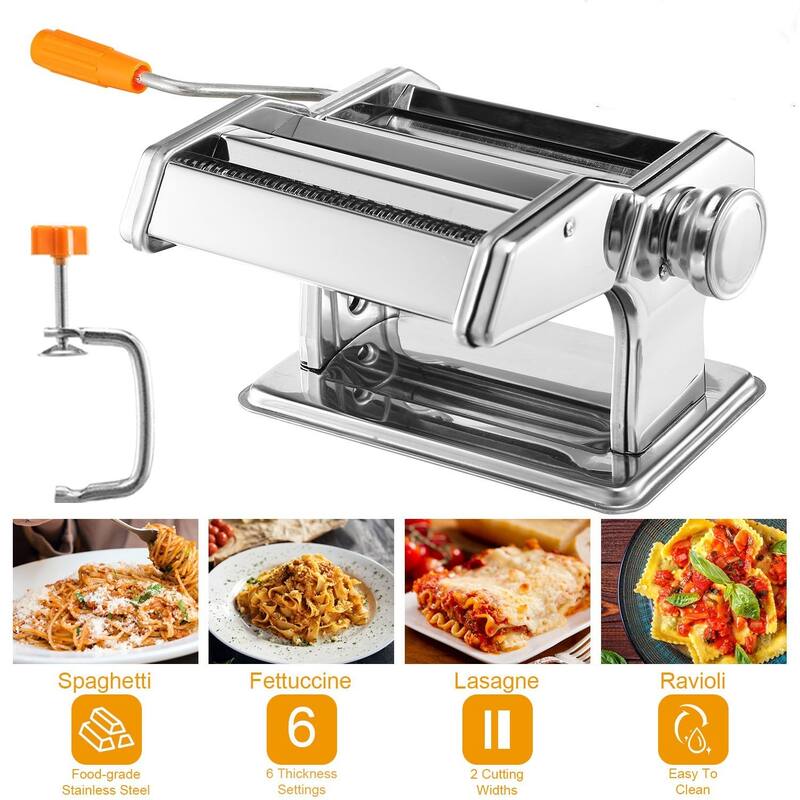 Silver Stainless Steel Pasta Maker Machine with 9 Thickness Settings and Hand Crank - 8.27x7.87x5.12in