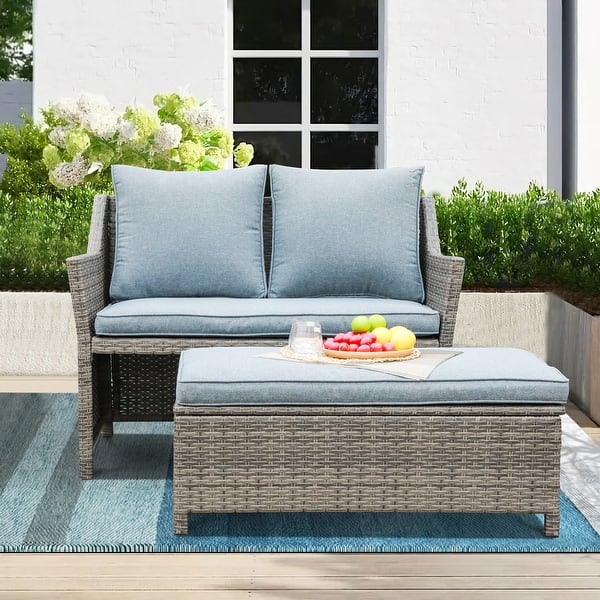 slide 2 of 12, Outdoor 2-piece Cushioned Sofa and Storage Ottoman Wicker Loveseat Grey
