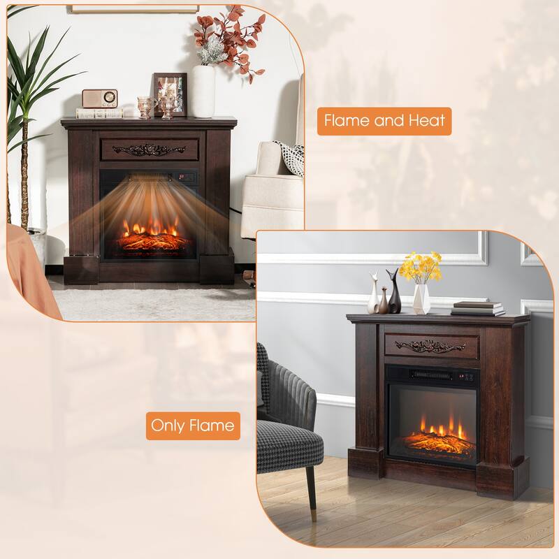 32" Brown Electric Fireplace with Mantel Shelf and 1400W Heating Overheat Protection - 32" x 9" x 30"
