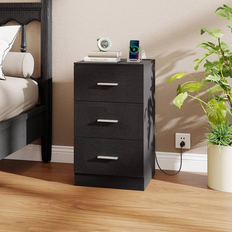 Costway 1/2 PCS Nightstand with Charging Station, 3 Storage Drawers