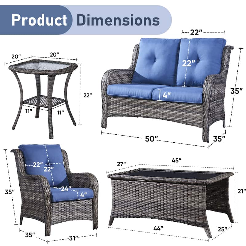 Pocassy 5 Pieces Outdoor Patio 2-Seat Sofa Chairs with Coffee Table