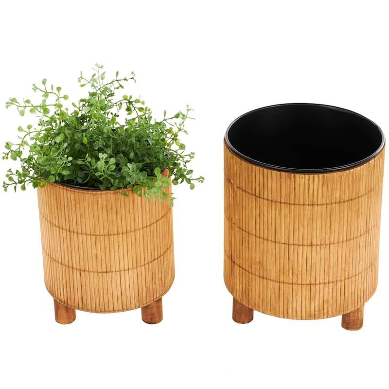 Brown Bamboo Handmade Planter with Black Metal Interior (Set of 2)