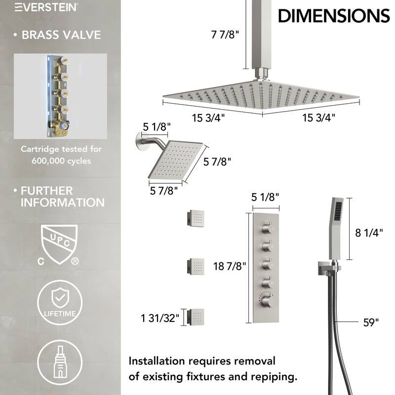 Dual Heads 16" Rainfall & High Pressure 6" Shower Head 3 Way Thermostatic Faucet System w/ 3 Body Jets