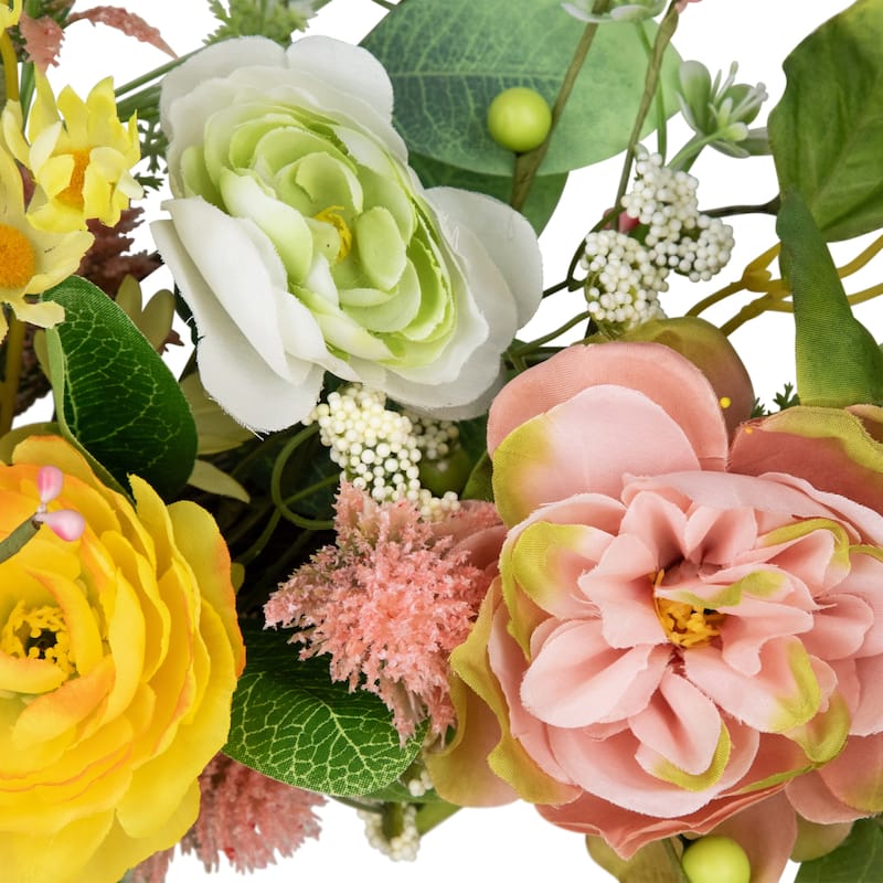 Rose and Hydrangea Floral Spring Wreath - 26" - Pink and Yellow
