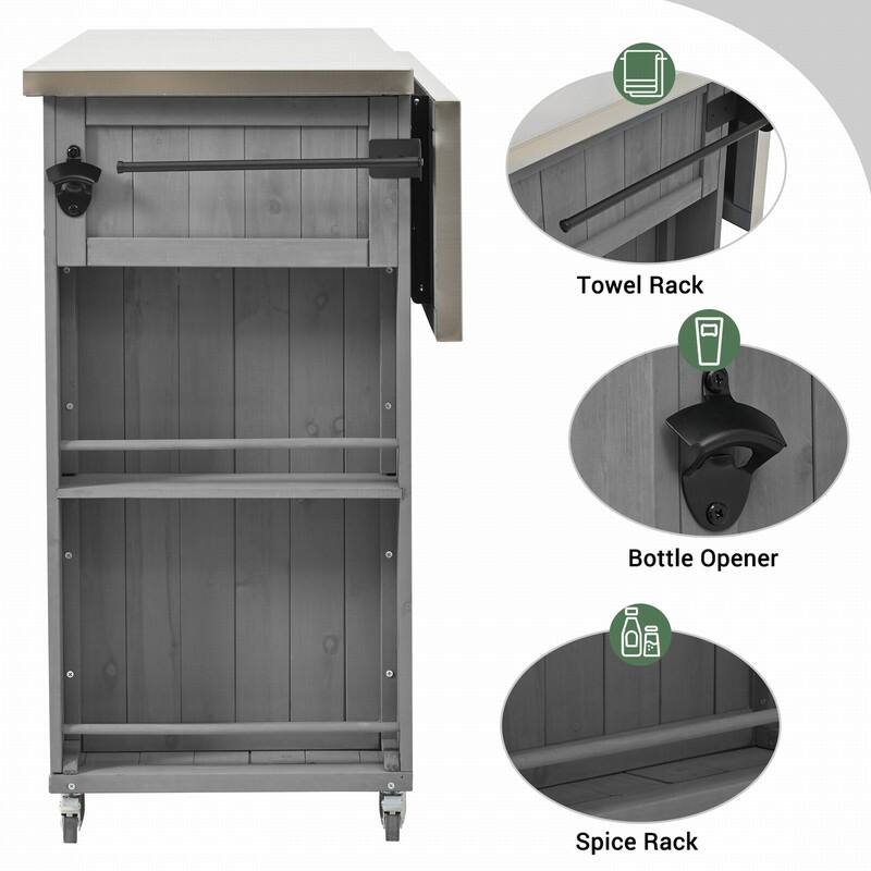 52.25" Outdoor Kitchen Island with Stainless Steel Top, Ample Storage Space, Towel and Spice Racks and a Bottle Opener