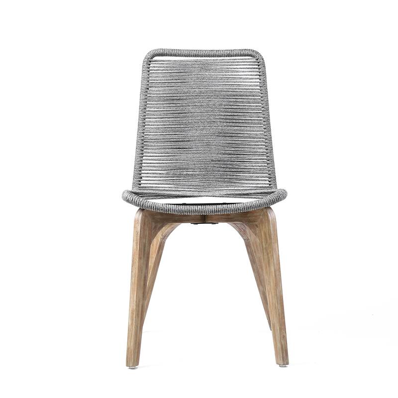 Island Modern Bohemian Solid Eucalyptus Wood and Woven Rope Outdoor Dining Chairs - Set of 2