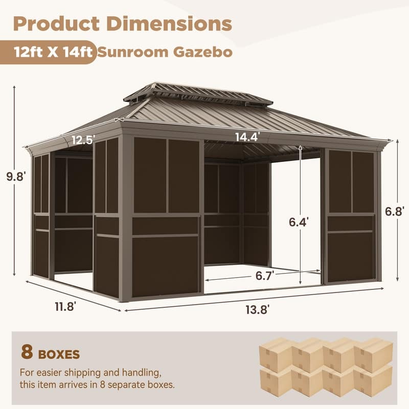 Hardtop Sunroom with Double Steel Roof, Sliding/Lockable Doors & Screens - All-Season Rustproof Aluminum Frame,Advanced Drainage