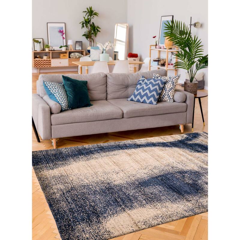 ECARPETGALLERY Hand Loomed Elysian Beige, Dark Navy Rug - 7'10 x 9'11