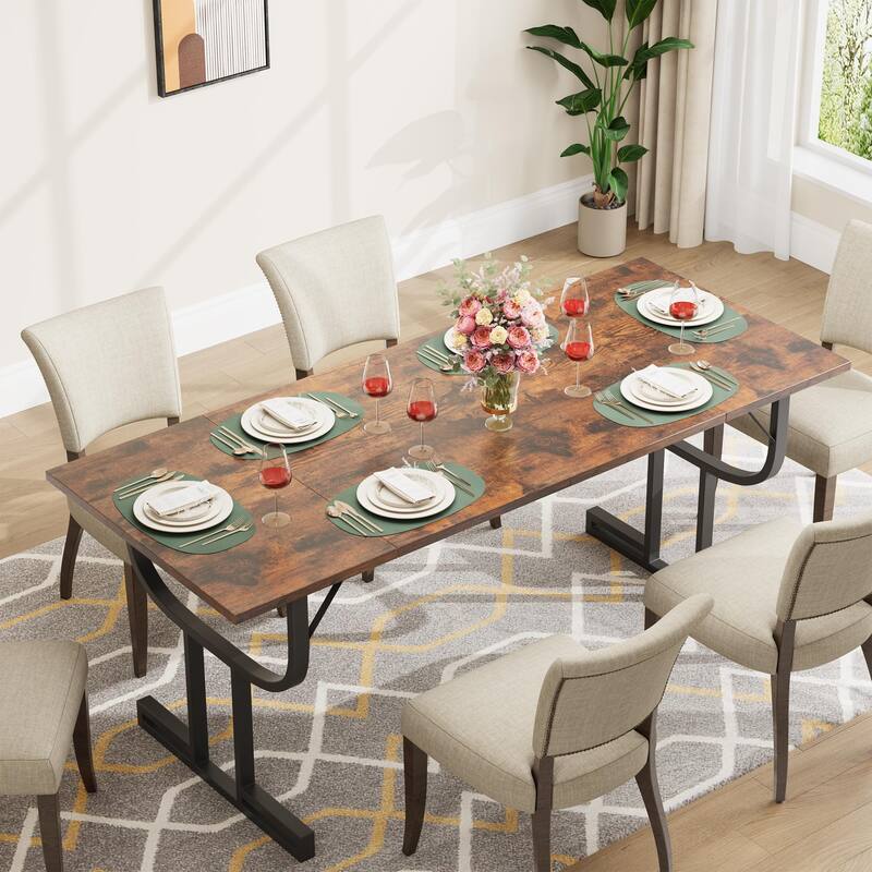 70.9 Inch Dining Table, Farmhouse Kitchen Table for 6~8 People, Kitchen & Dining Room Tables with Heavy Duty Metal Frame - black
