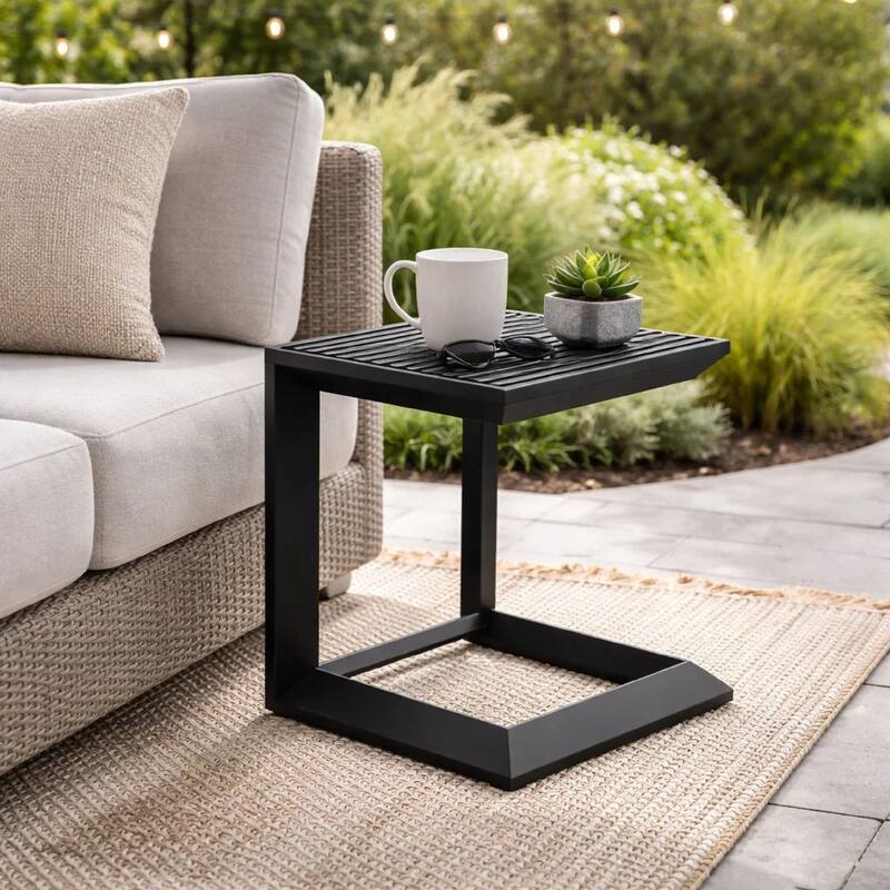 Kili 20 Inch Side End Table, Geometric Design, Jet Black Aluminum Frame