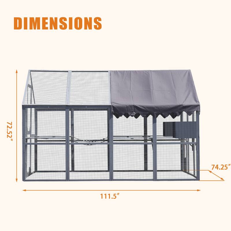 Roomfitters Outdoor Cat House, Large 110" Kitten Playpen with Platforms and Upgrade Waterproof Cover, Grey