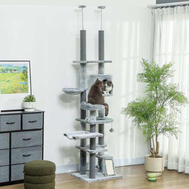 Cat Tree with Condo, 2 Hammocks, Platforms & Scratching Posts - 23.6" W x 18.9" D x 88.6" - 100.4" H - Grey