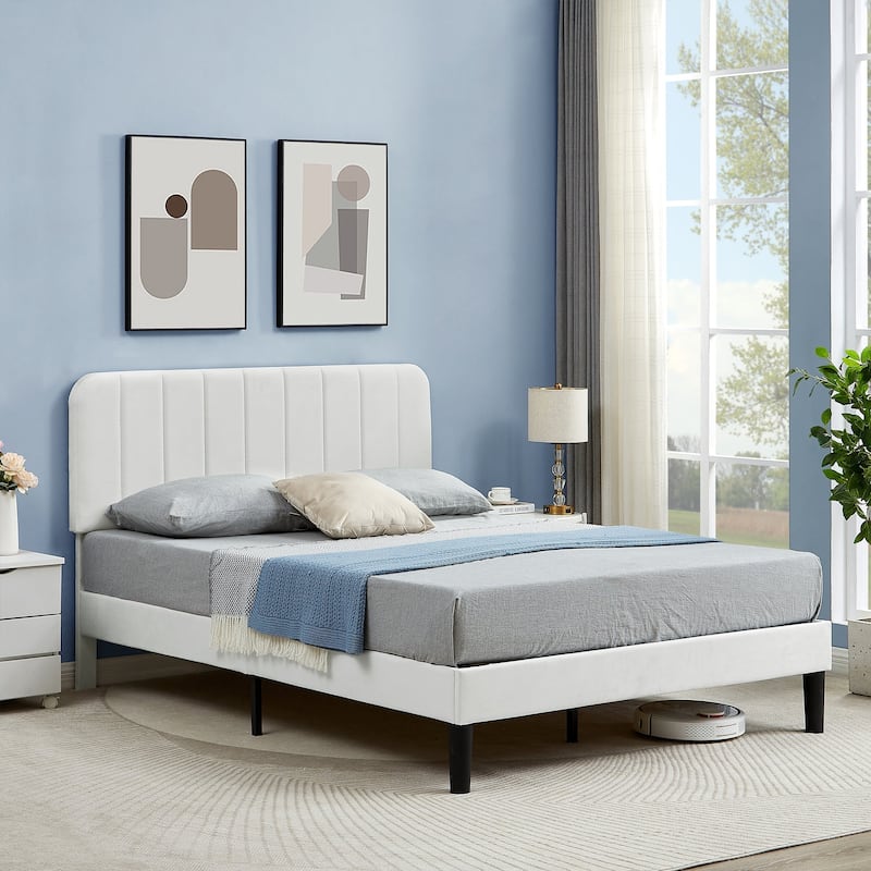 VECELO Velvet Upholstered Bed Frame with Vertical Channel Tufted Headboard, Adjustable Headboard, Wooden Slats Support