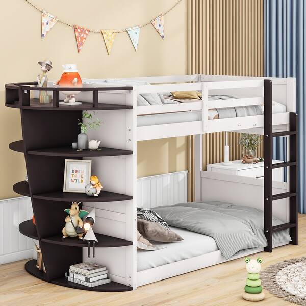 slide 2 of 6, Espresso Twin Size Pine Wood Boat-Shape Bunk Bed with Storage Shelves, Guardrails, Ladder Espresso
