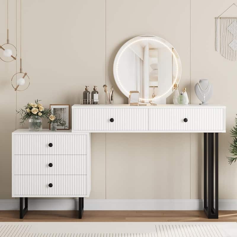 Modern Vanity Desk with LED Mirror, Adjustable Brightness Lights, 5 Drawers