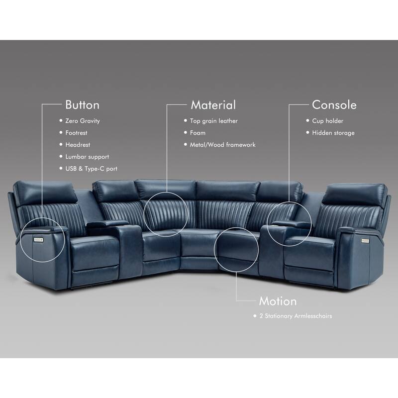 7PCS, 2 Power Recliners, Leather Reclining Sectional with Power Headrest