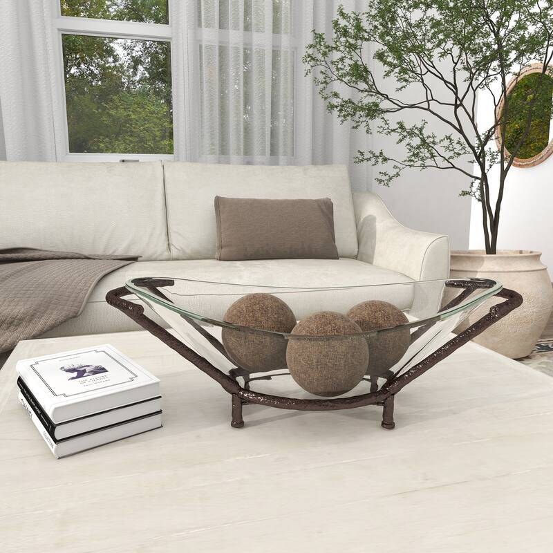 CosmoLiving by Cosmopolitan Glass Kitchen Serving Bowl with Gold or Brown Metal Stand and Ring Feet - Clear or White