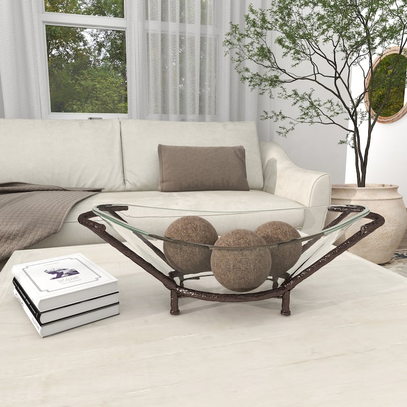 Tempered Glass Kitchen Serving Bowl with Brown Metal Base - Clear - Roche River Decor