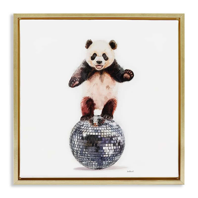 Stupell Panda Balancing on Disco Ball Framed Floater Canvas Wall Art Design By Amanda Greenwood - 25 x 25 - Gold