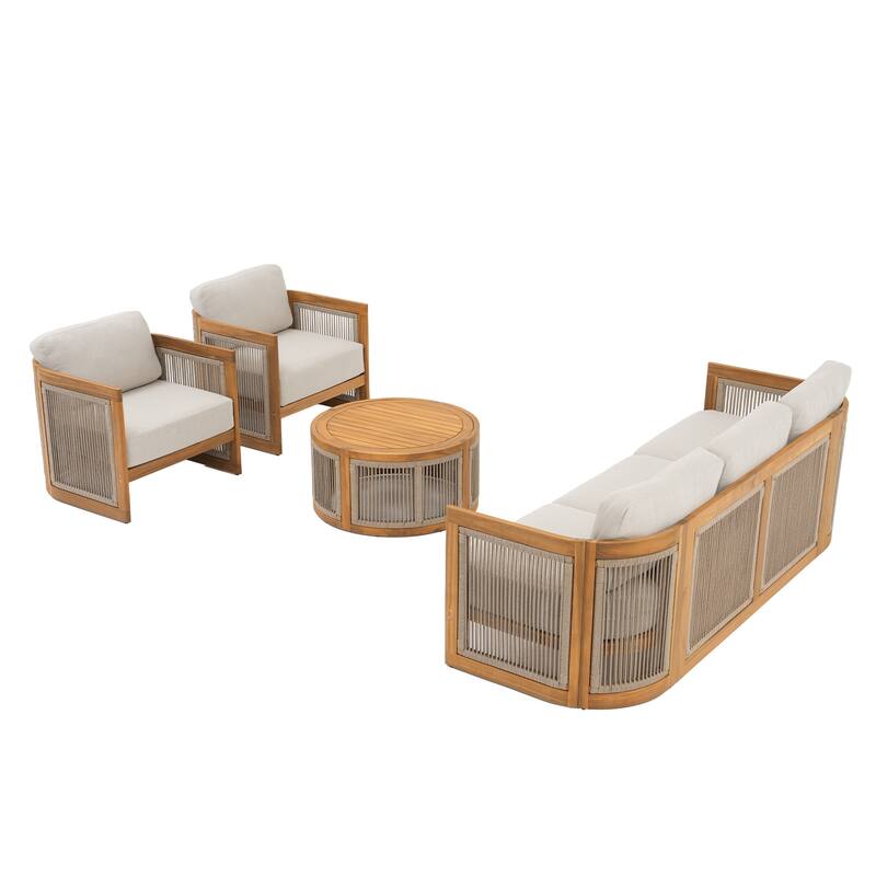 Outdoor 4-Piece Wooden Sofa Conversation Set With Cushions