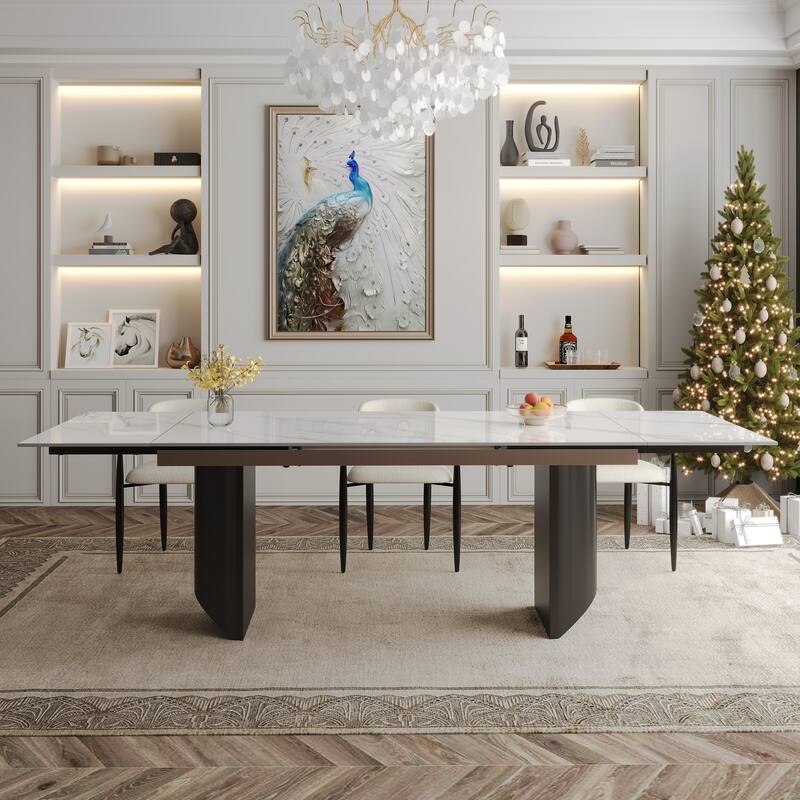9 - Piece Modern Minimalist Extendable Sintered Stone Top Double Pedestal Dining Set
