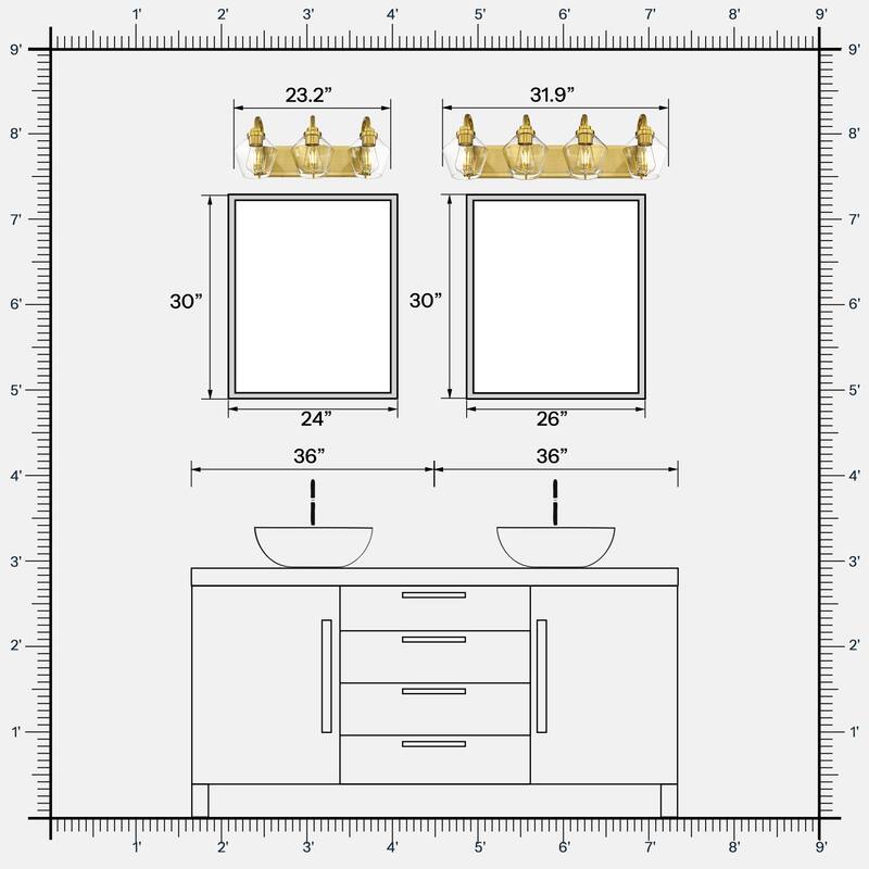 Modern 3/4-Light Bathroom Vanity Light in Black/Gold Finish