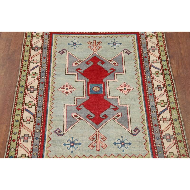 Green Kazak Accent Rug Hand-Knotted Wool Carpet - 3'6" x 4'11"