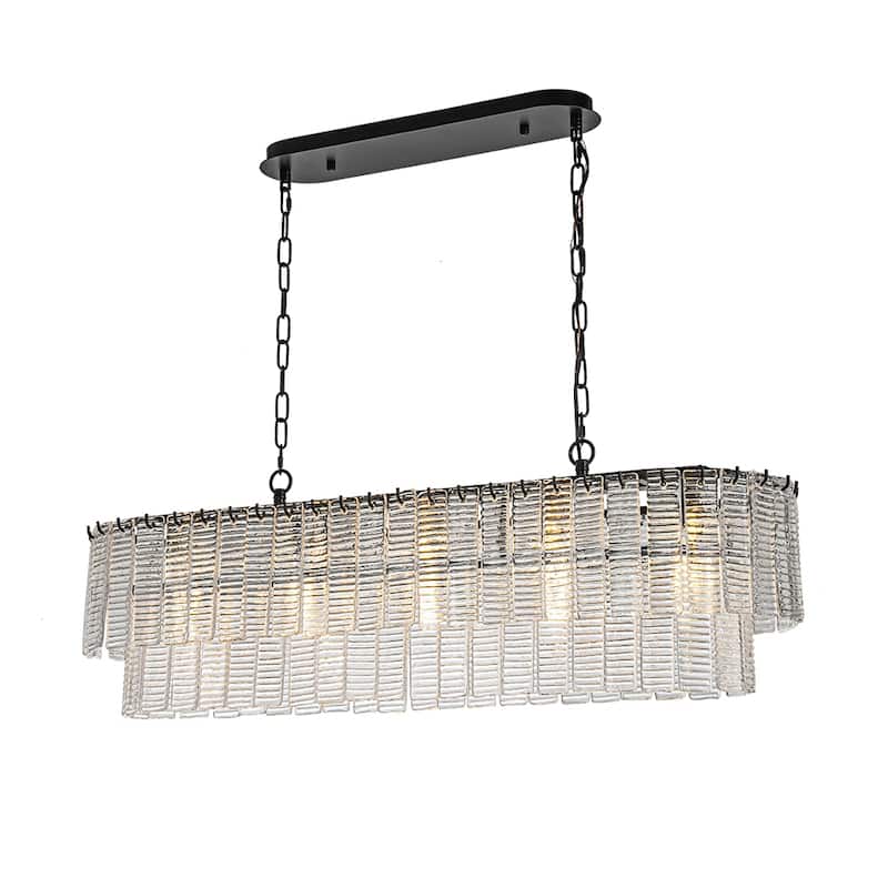 5-Light 39'' Matte Black Rectangle Elegant Ribbed Glass Chandelier Vintage Art Glass Pendant Light For Dining Room - W39'' - W39'' - Matte Black