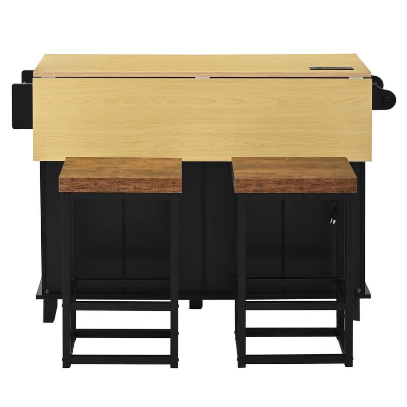 Roomfitters Farmhouse Kitchen Island Cart with Drop Leaf and 2 Stools, Power Outlet and Storage