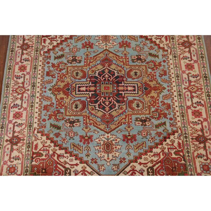 Light Blue Heriz Serapi Area Rug Handmade Geometric Wool Carpet - 7'10" x 9'10"