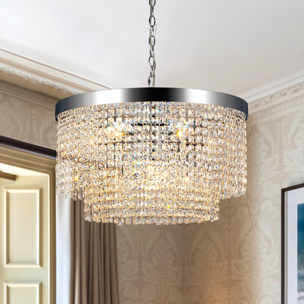 Kibly 9-Light Modern Glam 3-Tiers Crystal Drum Chandelier for Dining Room - W 23.23"