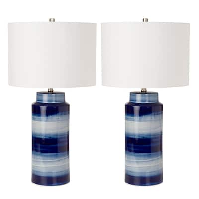 30" Tall Set of 2 Navy Blue and White Ceramic Table Lamps with Cotton Drum Shades for Home Decor - 30" H x 16" W x 16" D