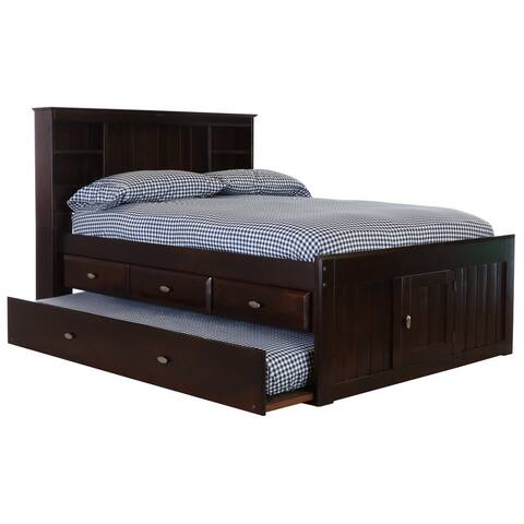 OS Home and Office Furniture Model Full Size Bookcase Bed with Three Drawers and Twin Trundle Bed in Espresso