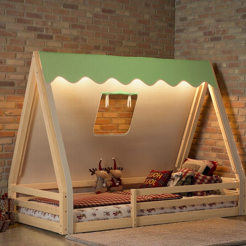 Montessori House Floor Bed with Tent and Lights, Solid Wood Teepee Bed with Guardrails, Twin/Full Kids Bed Frame - Natural Green - Twin
