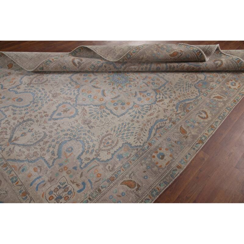 Antique Floral Distressed Tabriz Persian Rug Hand-knotted Wool Carpet - 6'8" x 10'0"