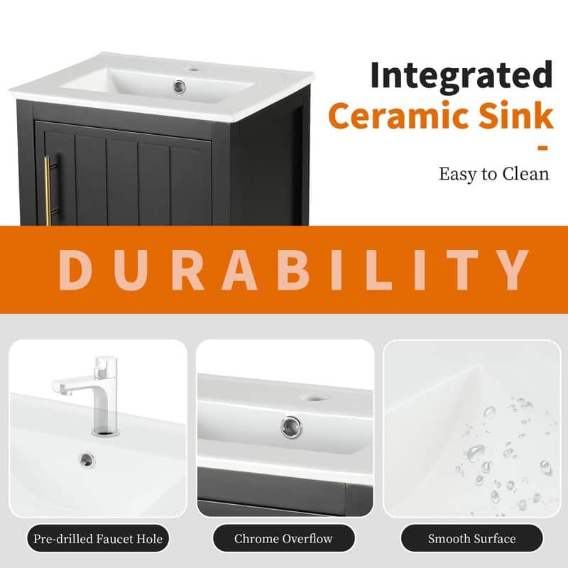 20" Bathroom Vanity with Sink – Soft-Closing Door Cabinet Featuring Storage Rack and Open Shelf‌ - 20"L x 15.5"W x 33.5"H