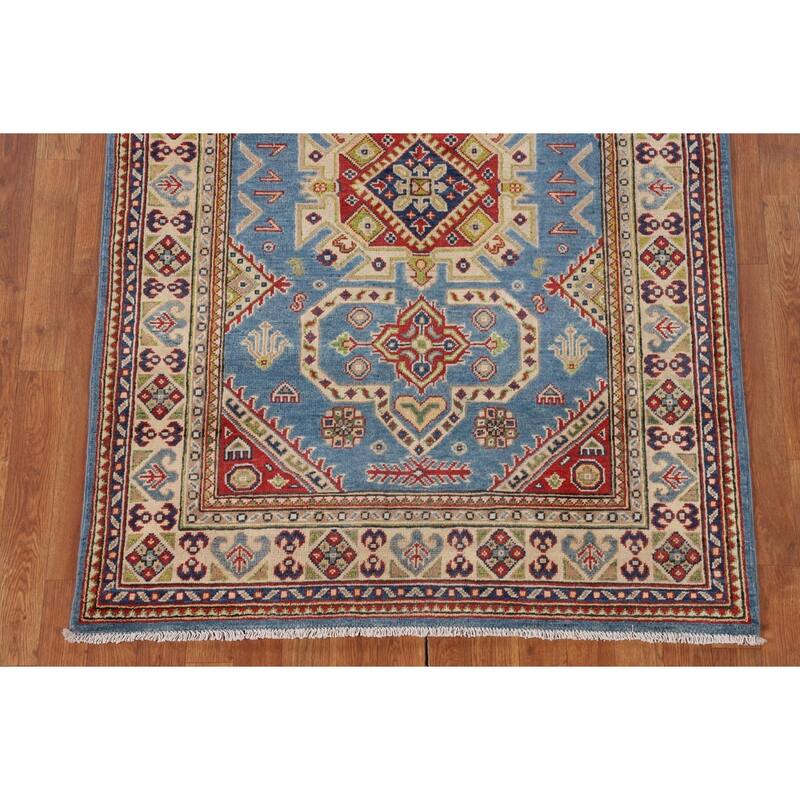 Blue Geometric Kazak Oriental Rug Bedroom Hand-Knotted Wool Carpet - 4'0"x 5'10"