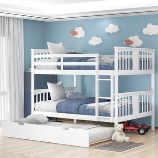 Full over Full Bunk Bed with Twin Size Trundle and Ladder, White