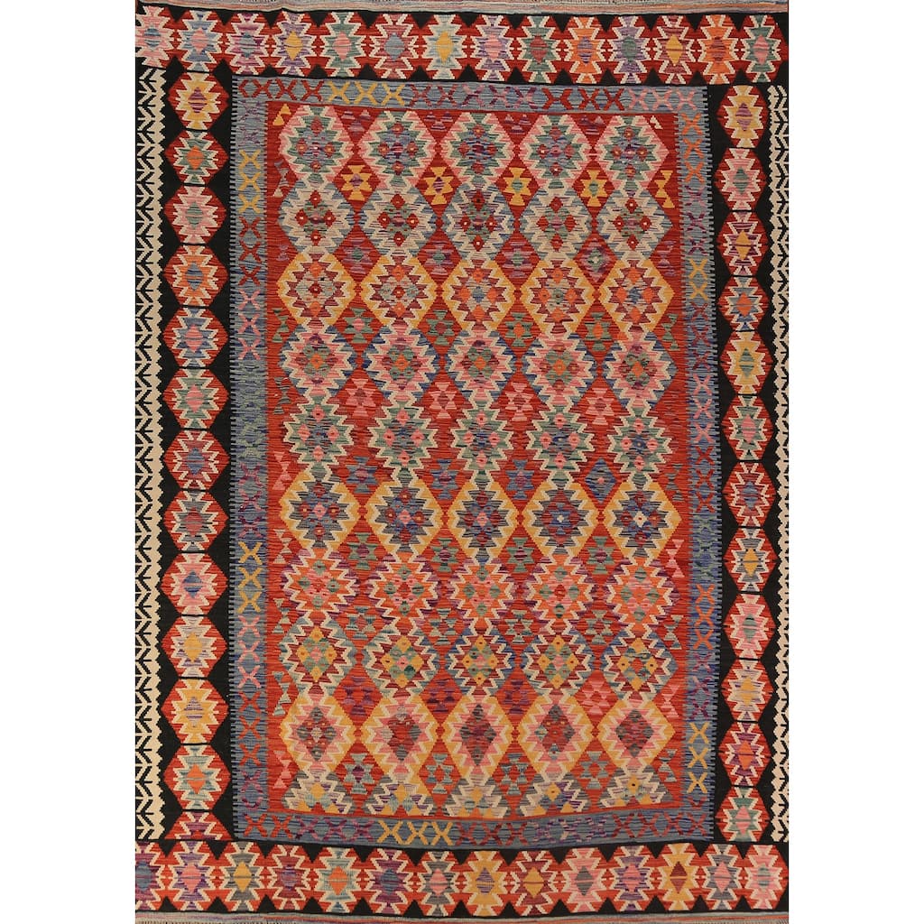 Geometric Kilim Reversible Area Rug Flatweave Oriental Wool Carpet - 8'2"x 11'5"