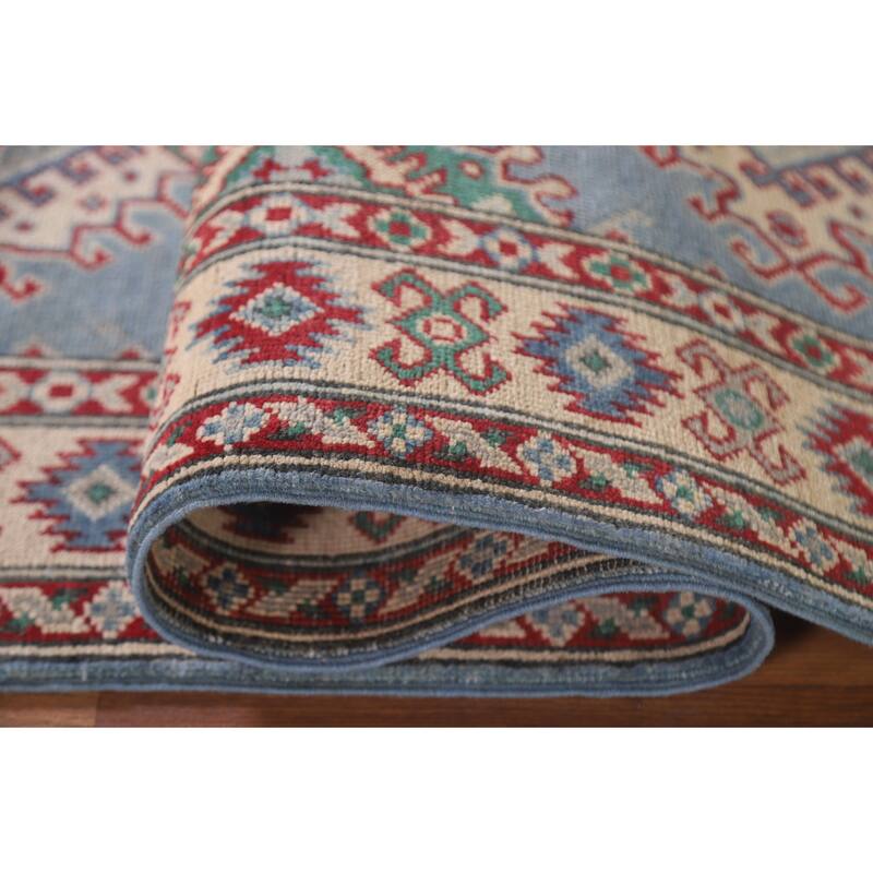 Hand Knotted Oriental 100% Wool Carpet Traditional Geometric Navy Blue & Blues Kazak Runner Rug - 8' 11'' X 2' 9''