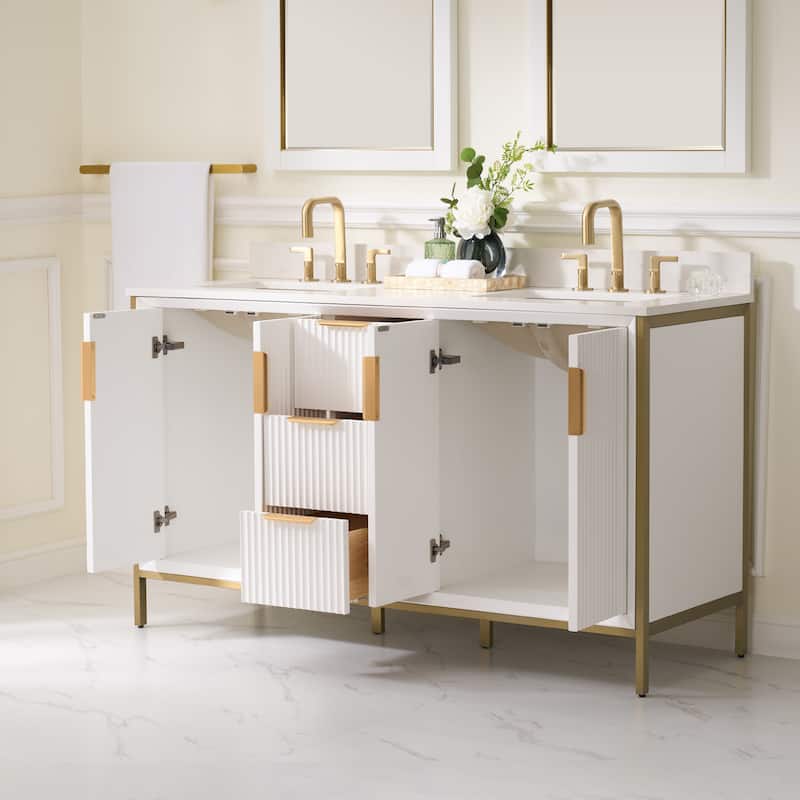 35''H Solid Wood Bathroom Vanity With Carrera White Quartz Top and Sink,White