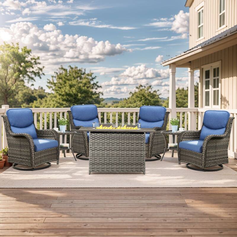 Outdoor Gliders Chairs with Fire Pit Table with 5-Inch Thick Cushions - Grey Rattan - Blue Cushion - 7PCS Swivel Chair Table w/ Rectangular Fire Table