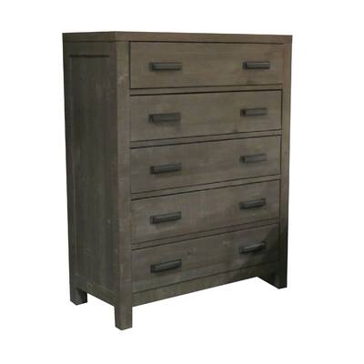 Min 54 Inch Pine Wood 5 Drawer Tall Dresser Chest, Distressed, Rustic Gray