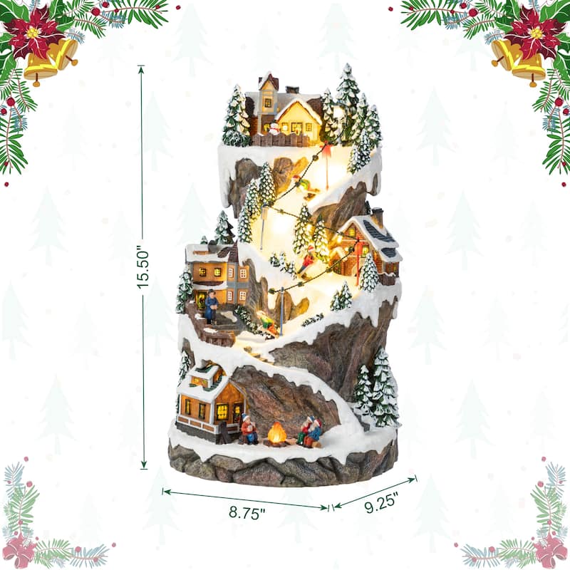 Glitzhome 15.50"H Lighted Christmas Skiing Moutain Resin Village with Movement and Music