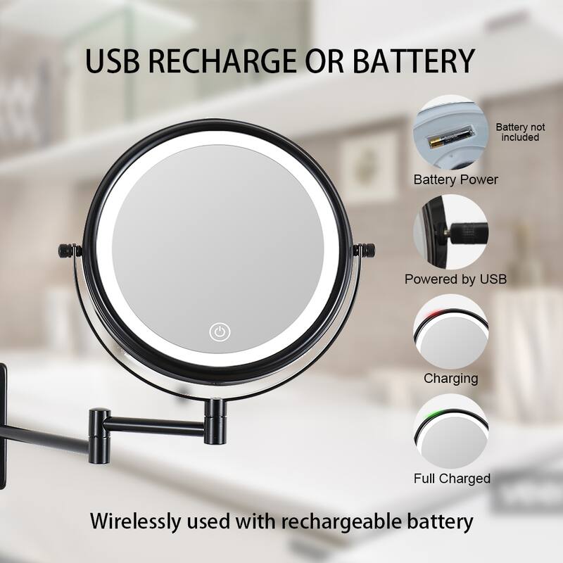 8 in. Small Round 10X Magnifying 3-Color-LED Touch Screen Bathroom Makeup Mirror with Built-in Battery and Type-C Port