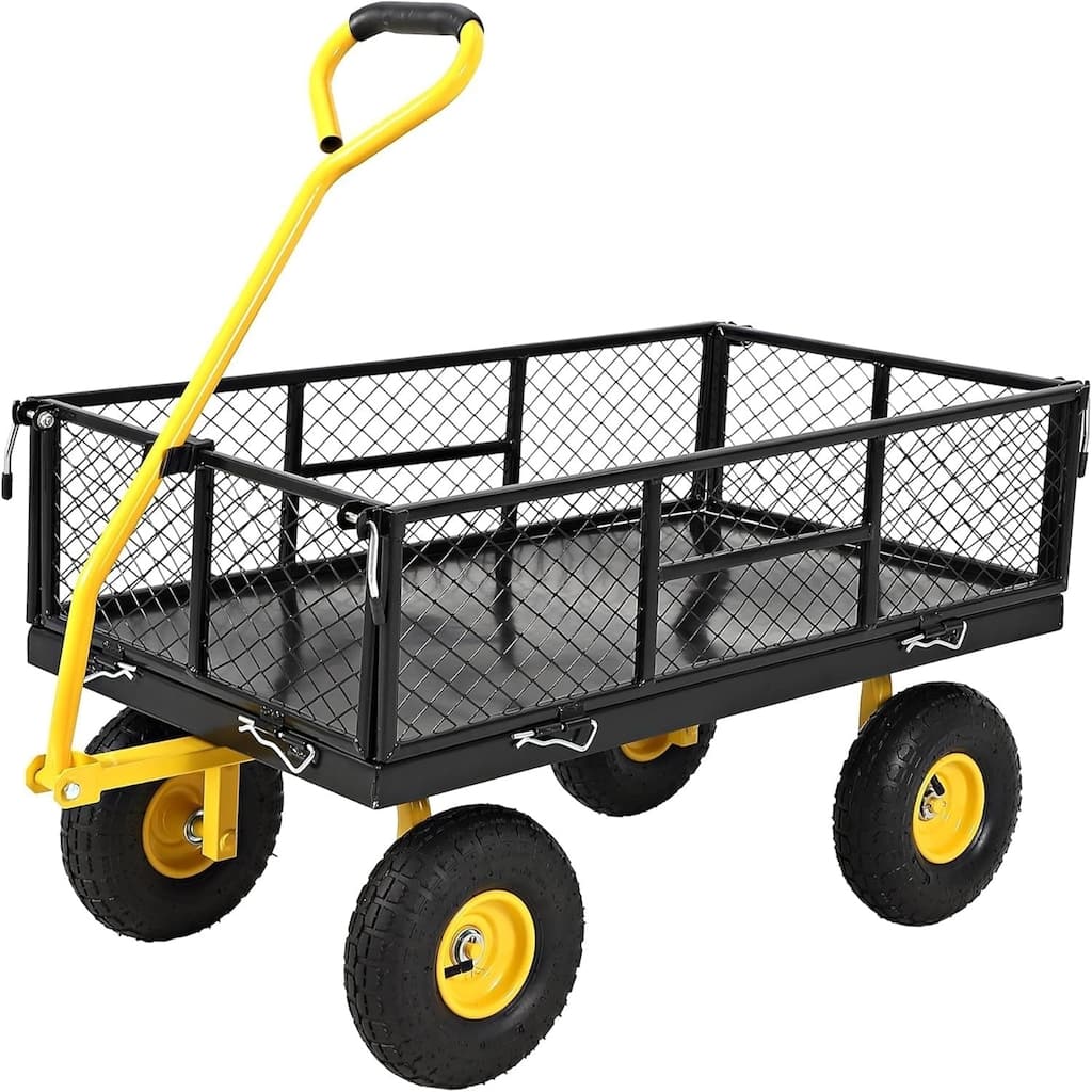 900-lb Capacity Steel Garden Cart Removable Mesh Sides Convert to Flatbed and 180Degree Rotating Handle Black