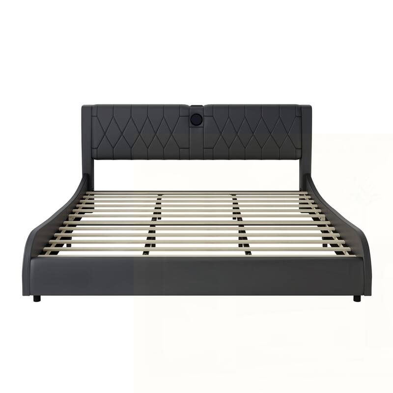 Faux Leather Upholstered Platform Bed with Thickened Headboard