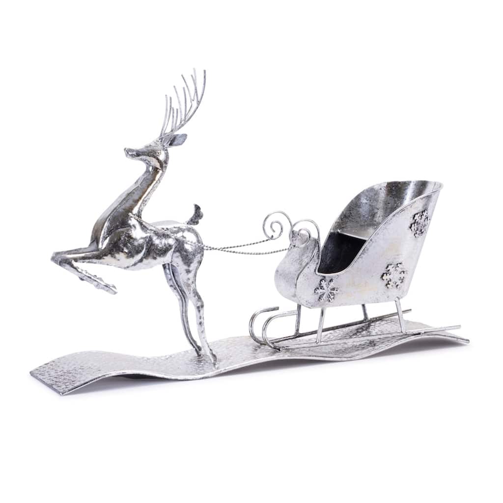 Reindeer with Sleigh Hammered Christmas Figurines - 25.5" - Silver and Gray